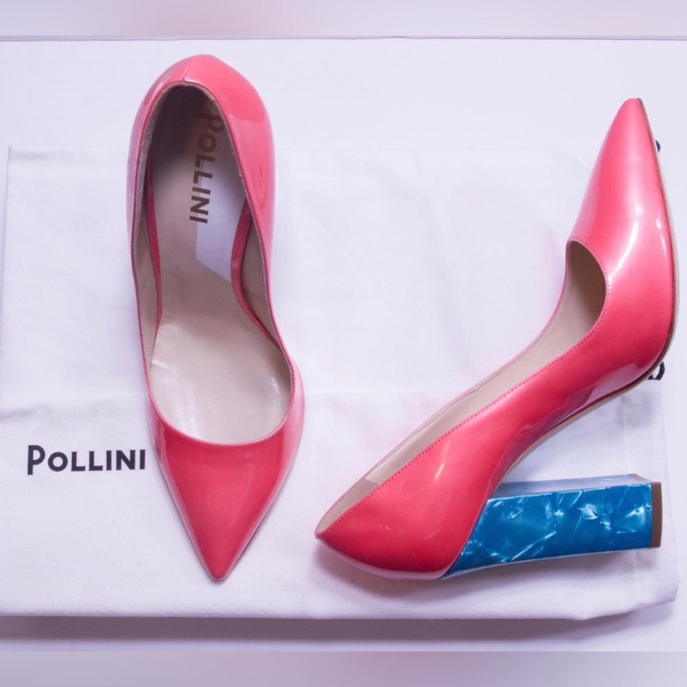 MermaidCore pointed toe pumps. Coral patent leather. Size 40